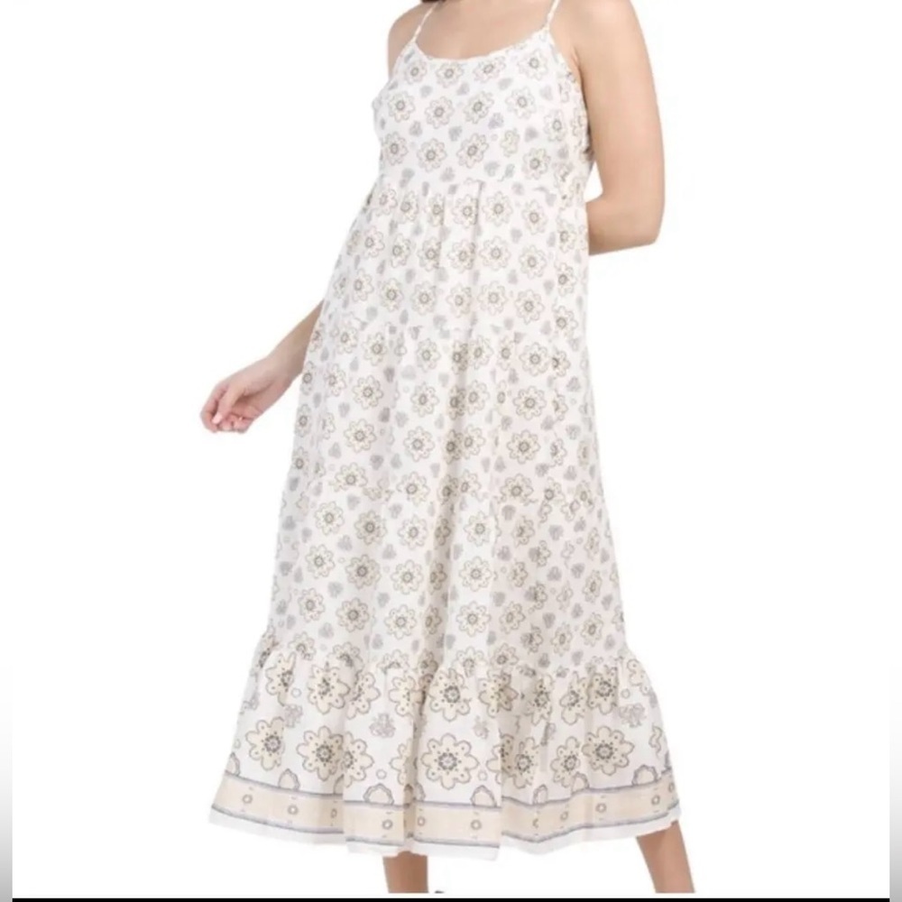 Magaschoni Linen/Cotton Tiered Strappy Floral Print Maxi Dress Size M